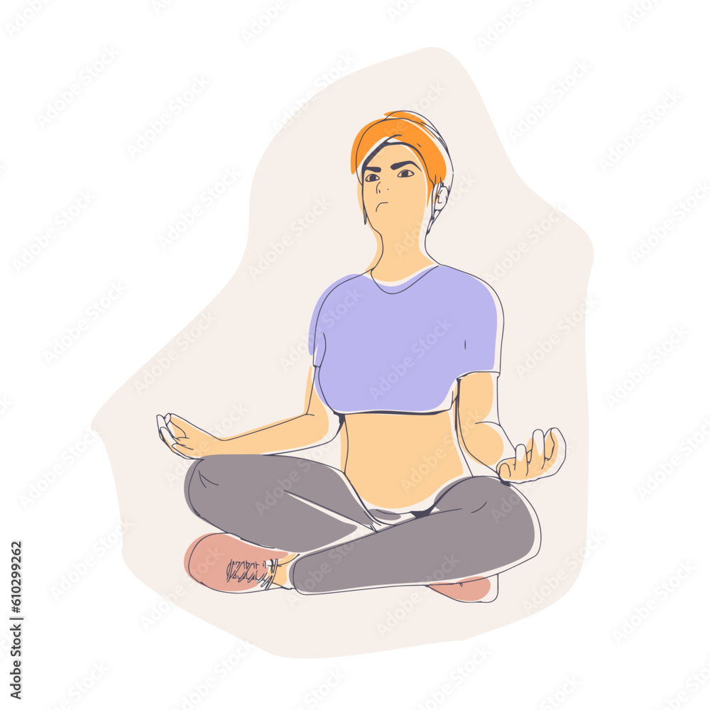 Young girl sitting in yoga lotus pose. Happy relaxed female character performing meditation exercise. Sport fashion girl outline in urban casual style. Young girl sitting in yoga lotus pose. Happy relaxed female character performing meditation exercise. Sport fashion girl outline in urban casual style.