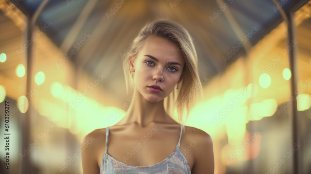 Beautiful young skinny woman on colorful background. AI generated.
