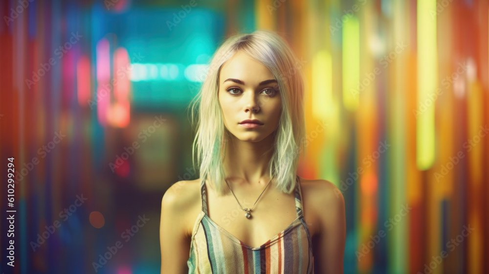 Naklejka premium Beautiful skinny young woman on colorful bokeh background