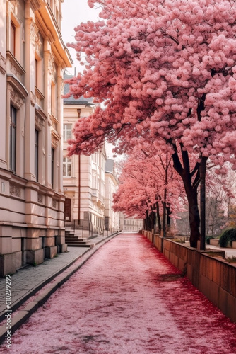 Flowering pink trees in city. A city park in spring