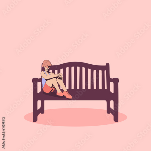 Sport fashion girl outline in urban casual style sit on park bench. Love and loneliness
