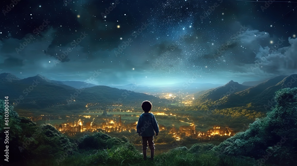fantasy illustration, a boy at cliff with starry sky over city lights as background, child dream and hope concept, Generative Ai