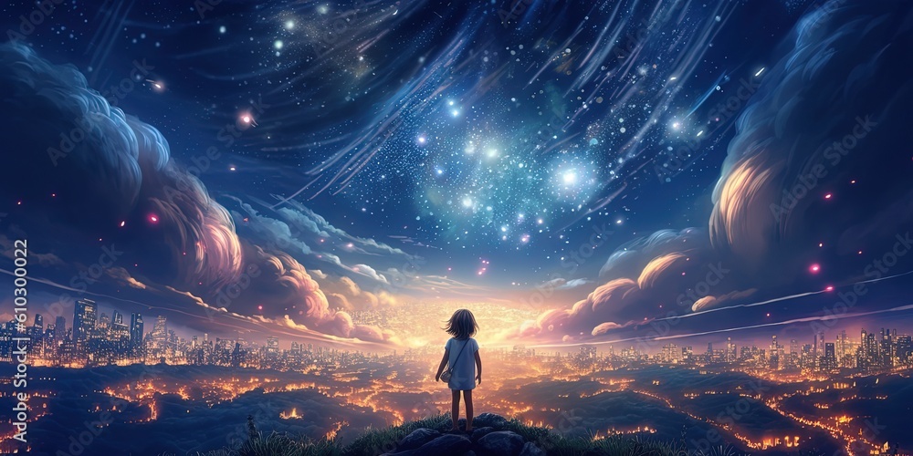 Fototapeta premium fantasy illustration, a girl at cliff with starry sky over city lights as background, child dream and hope concept, Generative Ai