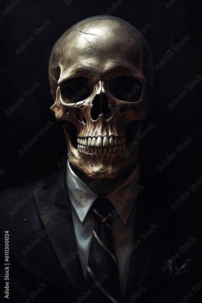 A skeleton dressed in a business suit on a dark background. Vertical Generative AI illustration. A skeleton dressed in a business suit on a dark background. Vertical Generative AI illustration.