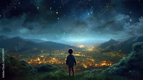 fantasy illustration, a boy at cliff with starry sky over city lights as background, child dream and hope concept, Generative Ai