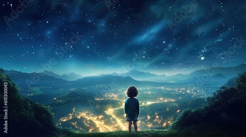 fantasy illustration  a boy at cliff with starry sky over city lights as background  child dream and hope concept  Generative Ai