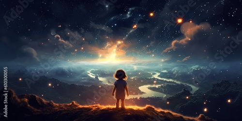 fantasy illustration, a girl at cliff with starry sky over city lights as background, child dream and hope concept, Generative Ai photo
