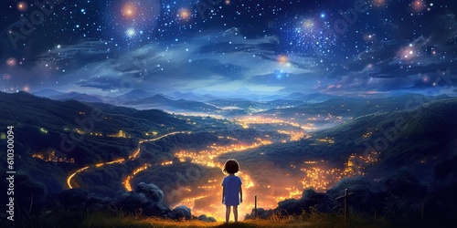 fantasy illustration  a girl at cliff with starry sky over city lights as background  child dream and hope concept  Generative Ai
