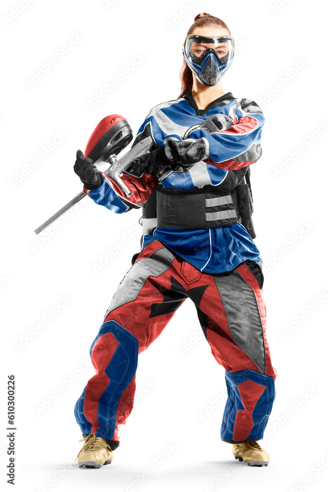 Sexy professional Paintball girl in uniform and mask isolated on white bacground Sexy professional Paintball girl in uniform and mask isolated on white bacground