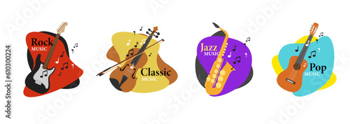 Set of musical instruments on a spotted background with notes. Electric guitar, violin, saxophone, guitar. Design elements of music styles, rock, pop, classical, jazz. Vector color illustration
