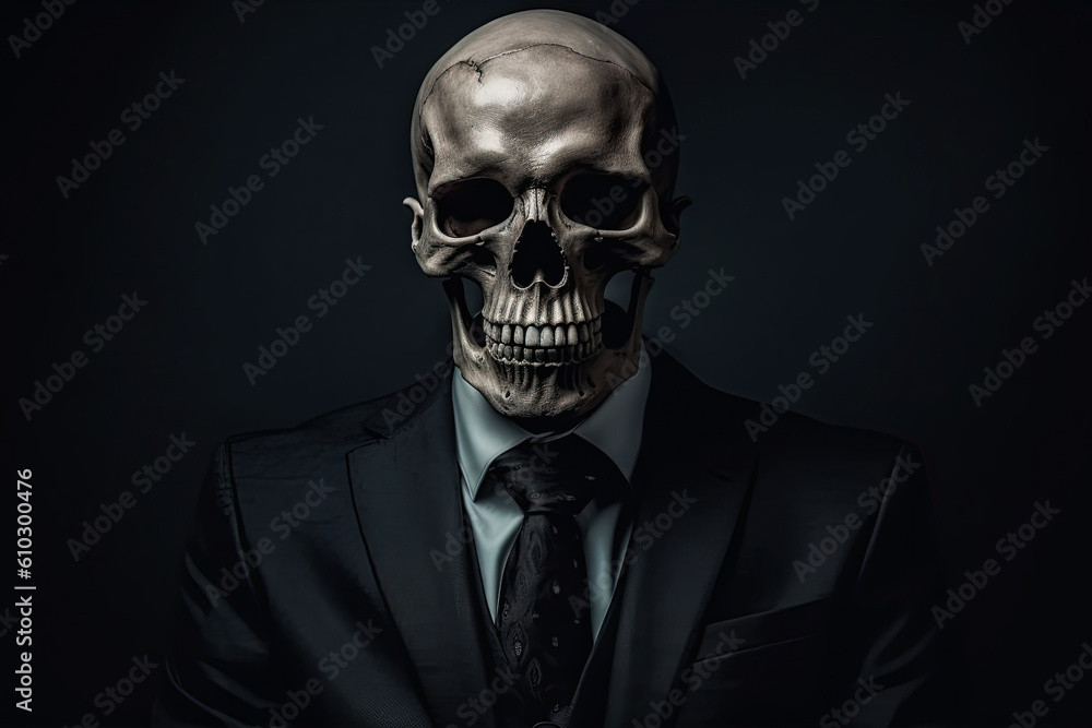 A skeleton dressed in a business suit on a dark background. Vertical Generative AI illustration. A skeleton dressed in a business suit on a dark background. Vertical Generative AI illustration.