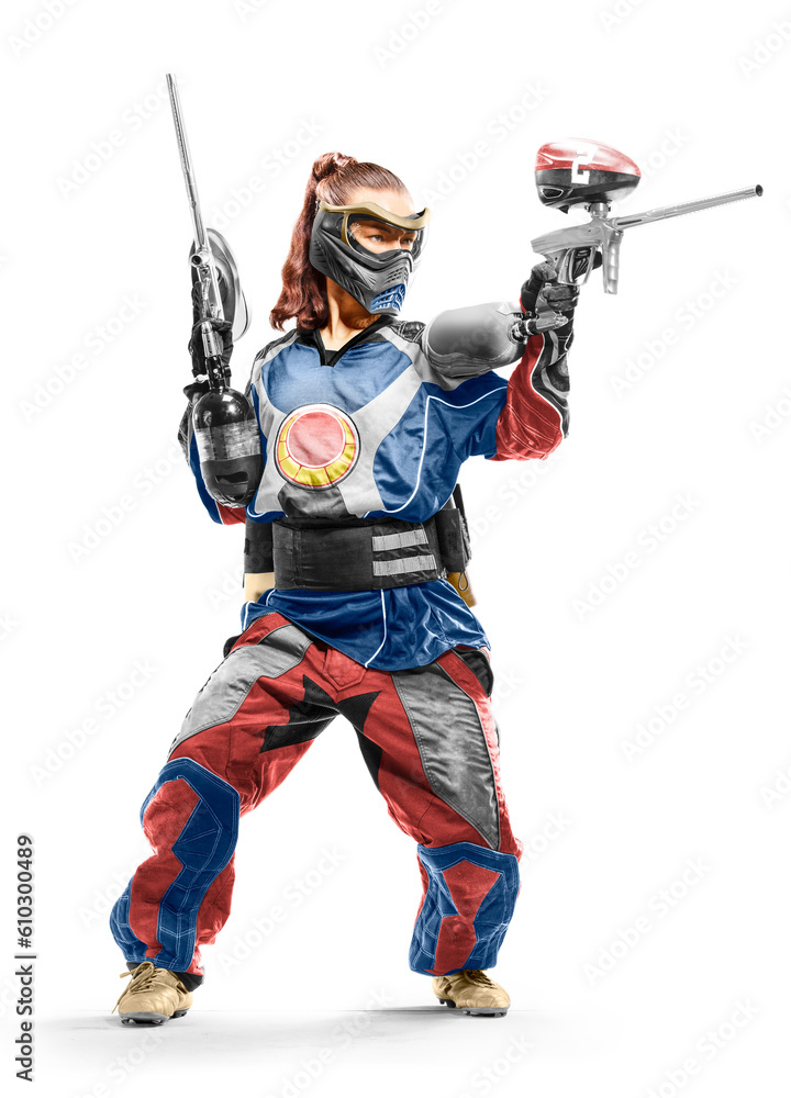 Sexy professional Paintball girl in uniform and mask isolated on white bacground Sexy professional Paintball girl in uniform and mask isolated on white bacground