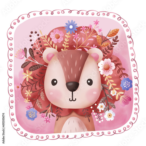 Cute baby lion and flowers illustration