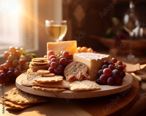 Fontina cheese appetizer plate with crackers, grapes, and fine wine