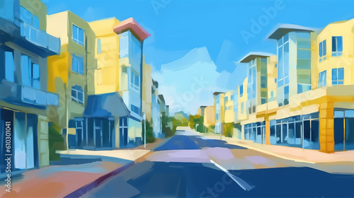 Modern American walkable neighbourhood street architectural illustration painting.  Generative AI © Robyn of Exeter