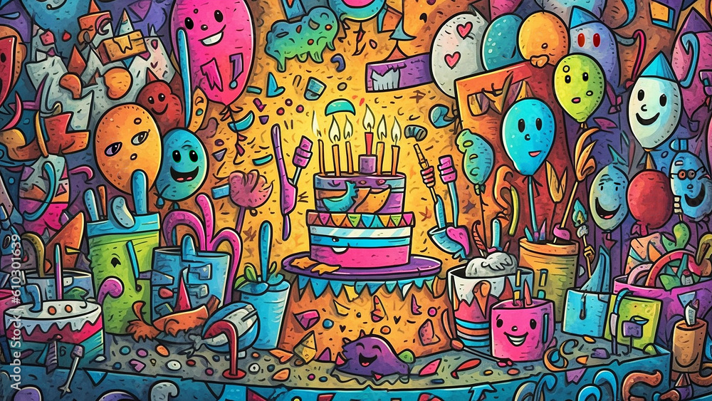 Birthday cake background , doodle cartoon style, generative ai Birthday cake background , doodle cartoon style, generative ai