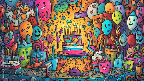  Birthday cake  background   doodle cartoon style  generative ai