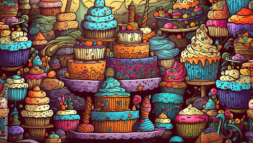  Birthday cake background , doodle cartoon style, generative ai