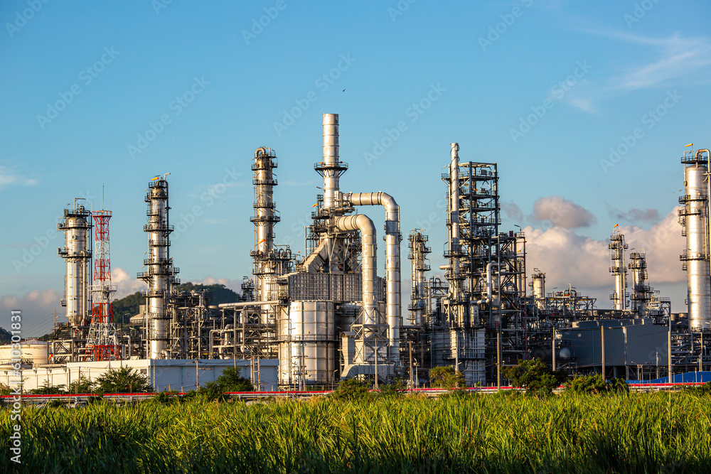 Scene evening of tank oil refinery plant tower and column tank oil of Petrochemistry industry Scene evening of tank oil refinery plant tower and column tank oil of Petrochemistry industry
