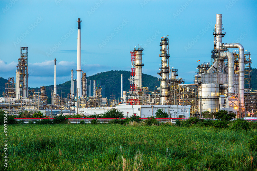 Scene evening of tank oil refinery plant tower and column tank oil of Petrochemistry industry Scene evening of tank oil refinery plant tower and column tank oil of Petrochemistry industry