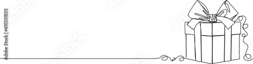 continuous single line drawing of gift box with ribbon, line art vector illustration