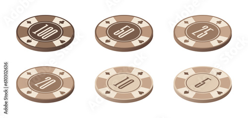 Set of isometric wooden poker chips with numbers. Casino clipart. Isolated vector and PNG illustration on transparent background.