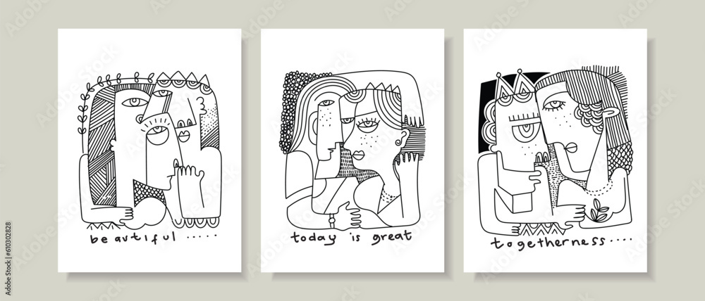 Set of two person black and white hand drawing vector illustration. Line art, outline people.