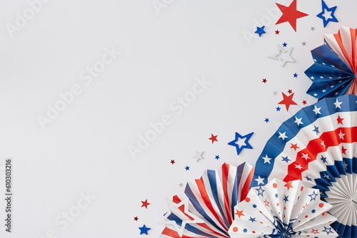 Let the party of July 4th celebration begin. Top view flat lay of Fourth of July accessories, patriotic confetti on white background with empty space for advert or text