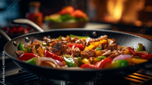 pork stir-fry with colorful bell peppers and onions in a sizzling pan