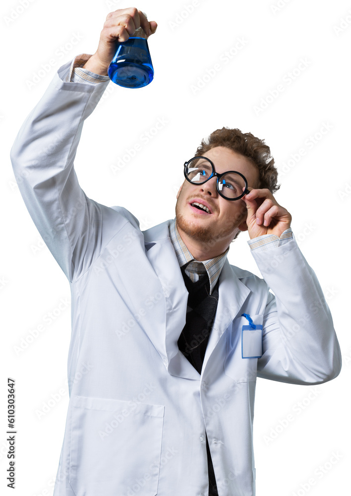Crazy chemist man with disheveled hair and vial in hands Crazy chemist man with disheveled hair and vial in hands