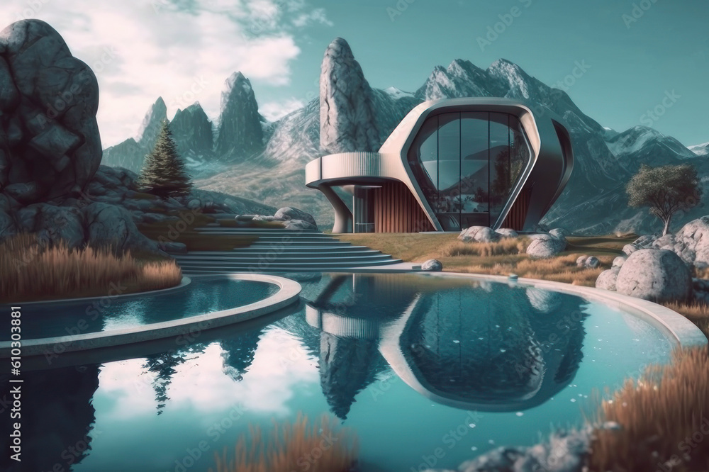 Modern luxury house with swimming pool. AI generative.