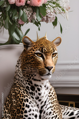leopard with ornament on head. generative ai.