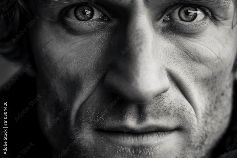 Obraz premium Black and white portrait of 40 year old man. Generative AI