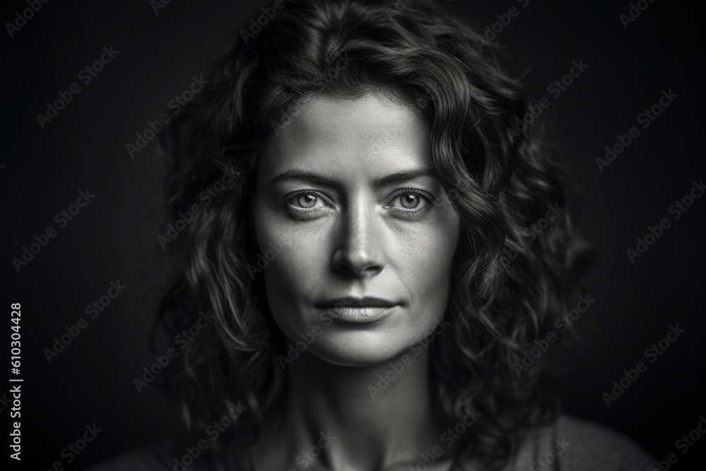 Black and white portrait of 30 year old woman.  Generative AI