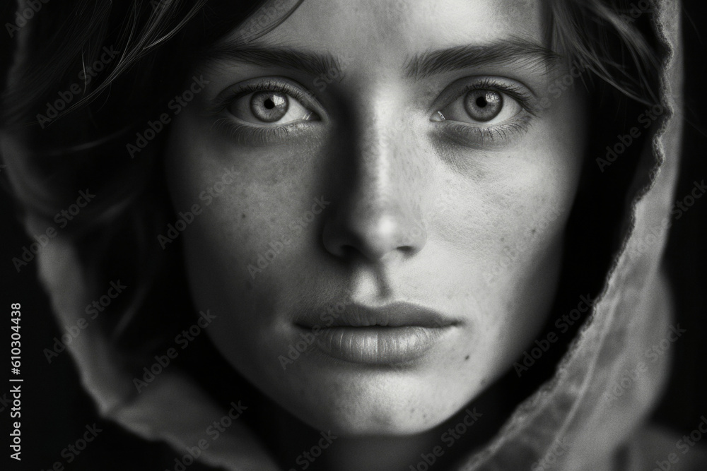 Black and white portrait of 30 year old woman. Generative AI Black and white portrait of 30 year old woman. Generative AI