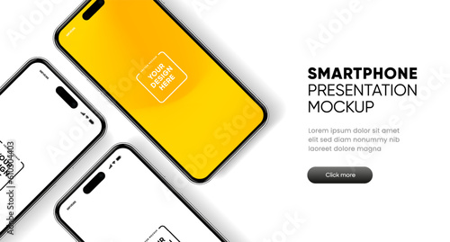 3D realistic high quality smartphone mockup with isolated background. Smart phone mockup collection. Device front view. 3D mobile phone with shadow on white background.