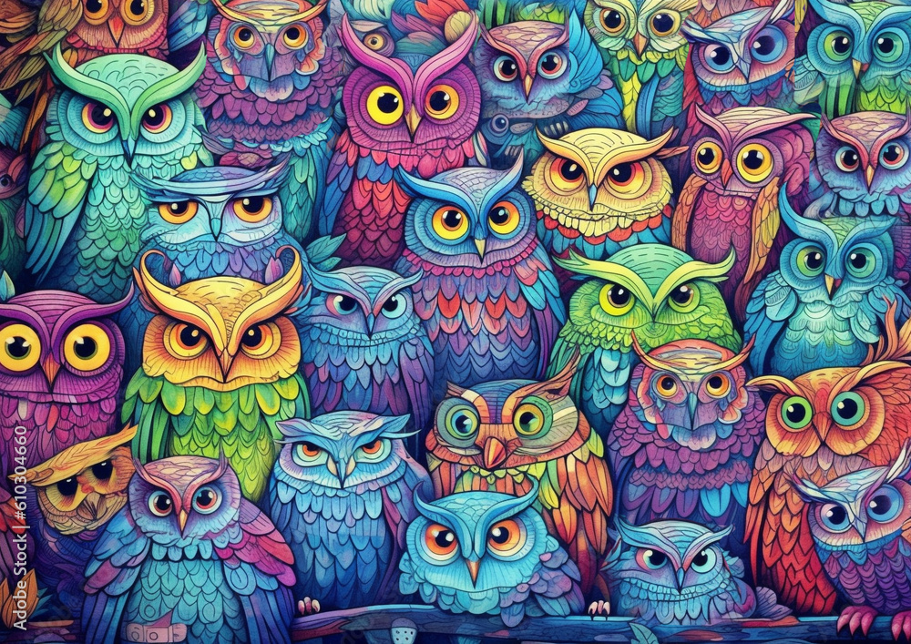 funny owls background, cartoon style, generative ai