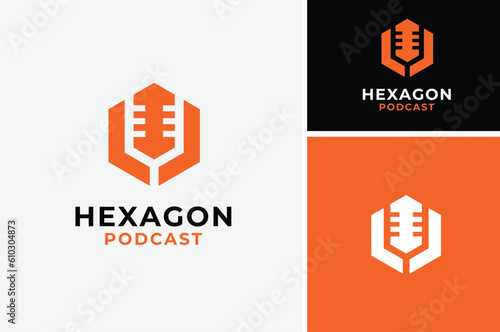 Mic Hexagon, Modern Microphone logo for Speech Radio Podcast Broadcast Karaoke Studio Record business