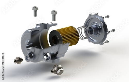 Car fuel filter exploded view. Automotive spare part
