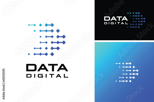 Modern digital initial letter D Data Pixel with digital line wire circuit connection network logo design