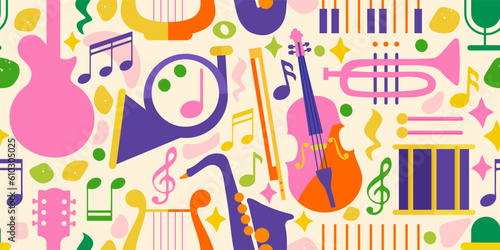 Seamless pattern for music festival. Bright background design with musical instruments. The pattern immerses you in summer, the atmosphere of holidays and music.