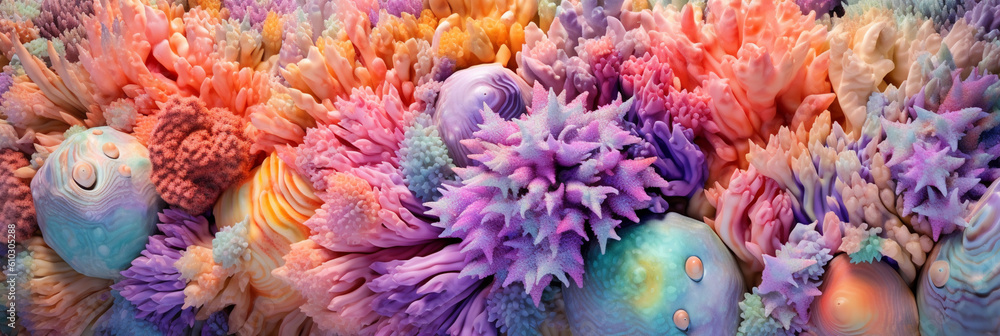 close up texture of sea corals with vibrant pastel colors banner created with AI generative tools