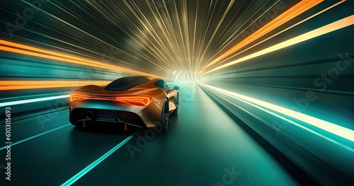 Futuristic car in a tunnel with light trails