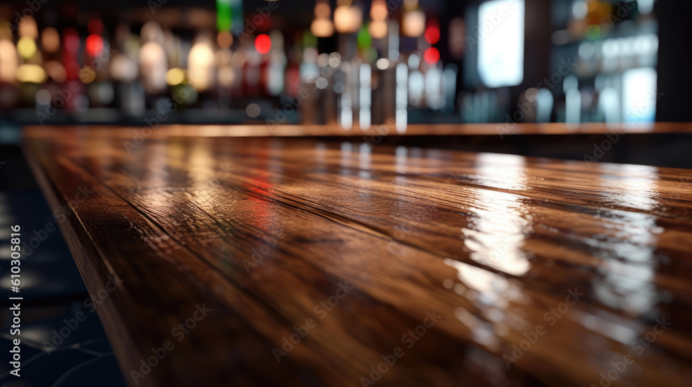 Dark wooden counter with a bar in the style of bokeh panoram. 