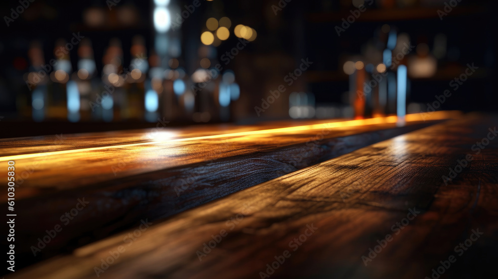 Dark wooden counter with a bar in the style of bokeh panoram. 