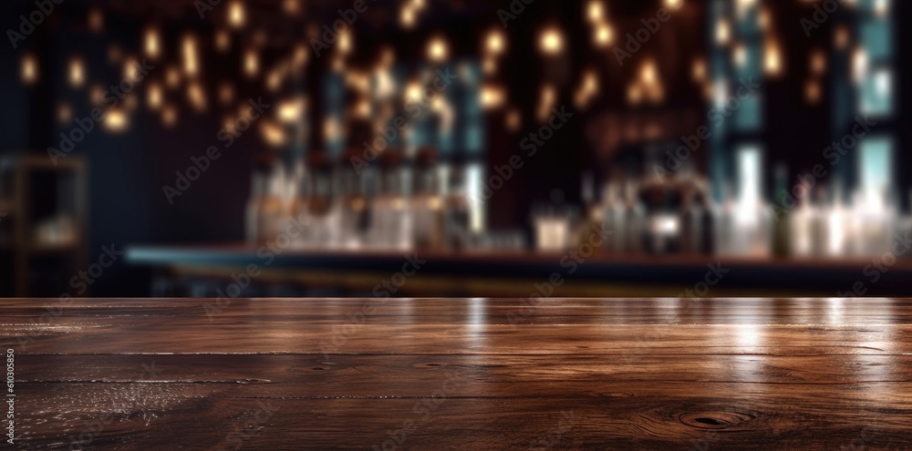 Dark wooden counter with a bar in the style of bokeh panoram. 