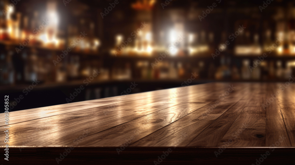 Dark wooden counter with a bar in the style of bokeh panoram. 