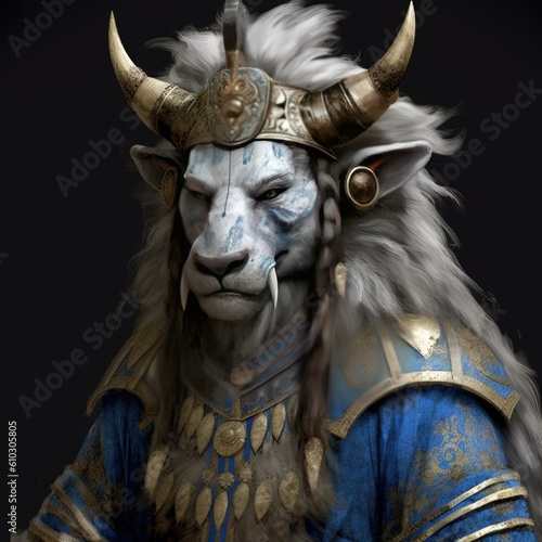 a blue boar as a warrior fantasy character, in the style of gray and gold, himalayan art, ivory, hyper-realistic portraits, furry art, kushan empire, dark white and cobalt blue - generative AI