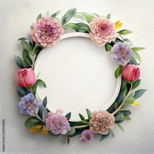 Round frame shape Flower wreath frame made of flowers and leaves, Flat lay. Generative Ai