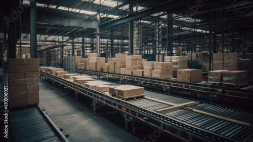 Cardboard boxes on a conveyor belt in a large warehouse. Generative AI